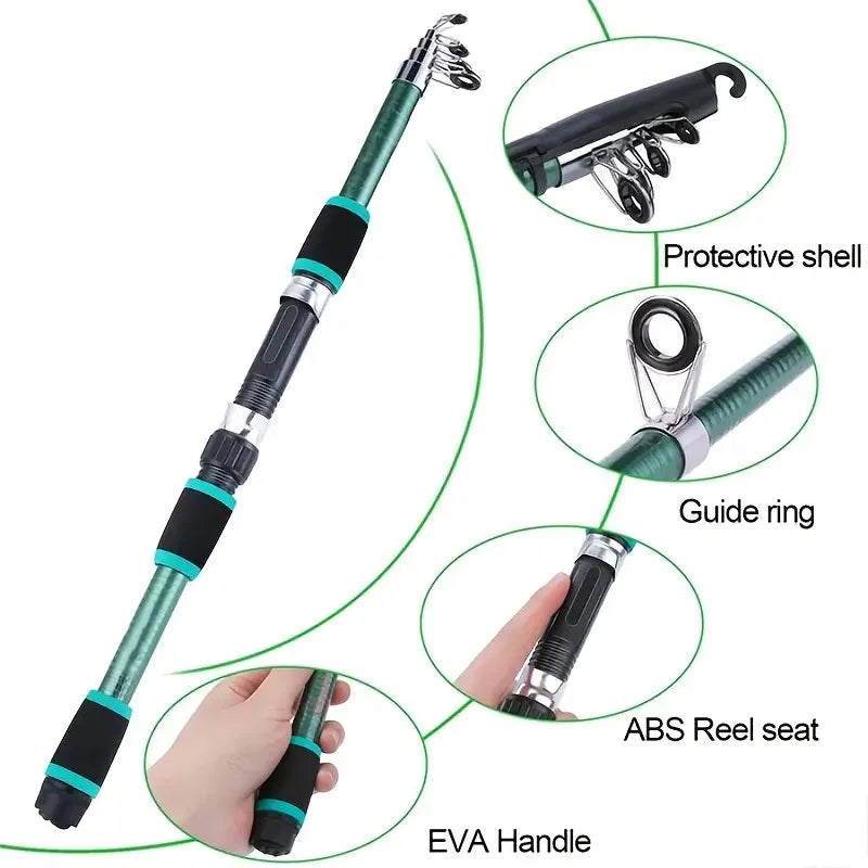 Telescopic Fishing Rod Kit with Reel, Baits & Hooks - Travel Set