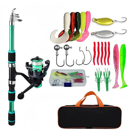 Telescopic Fishing Rod Kit with Reel, Baits & Hooks - Travel Set