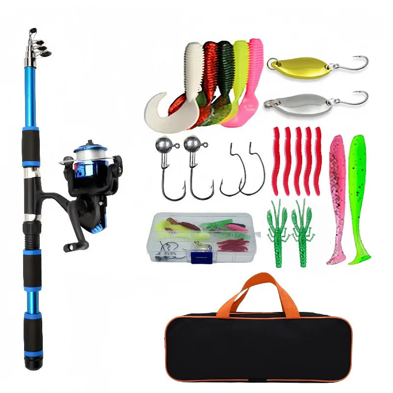 Telescopic Fishing Rod Kit with Reel, Baits & Hooks - Travel Set