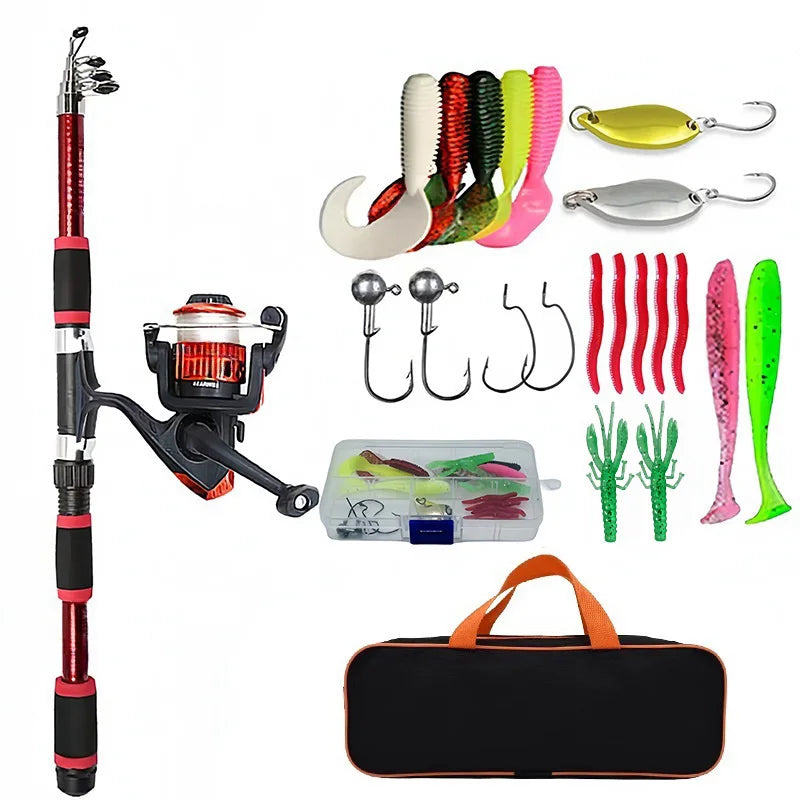 Telescopic Fishing Rod Kit with Reel, Baits & Hooks - Travel Set